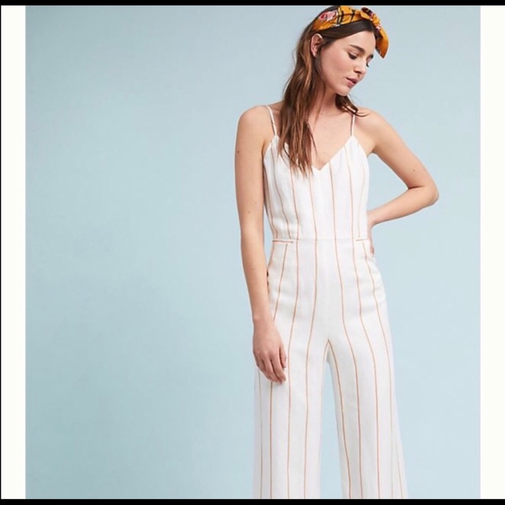 White pinstripe jumpsuit by Anthropologie